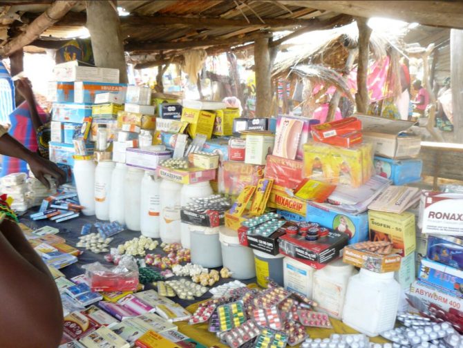 Sales stand with medicines in the Nadoba market Togo